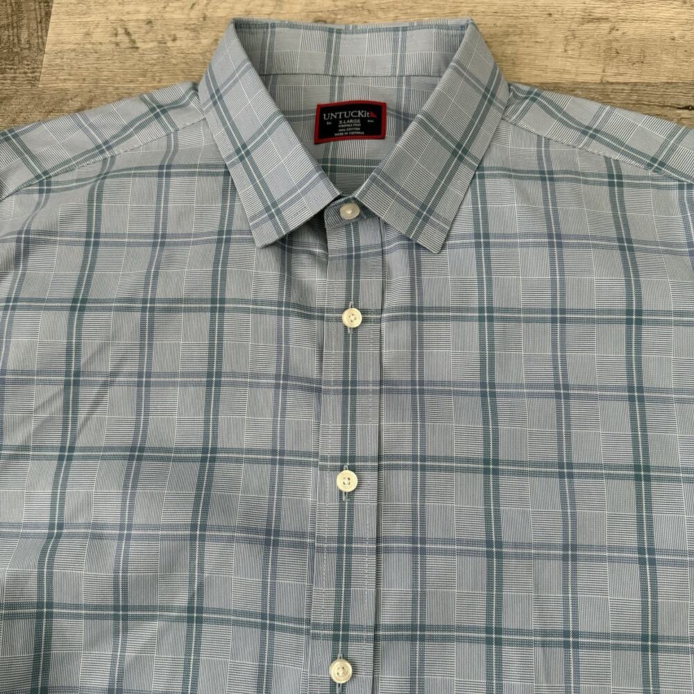 Untuckit Shirt Men XL Rodano Button Up Blue Check Plaid 100% Cotton Wrinkle Free